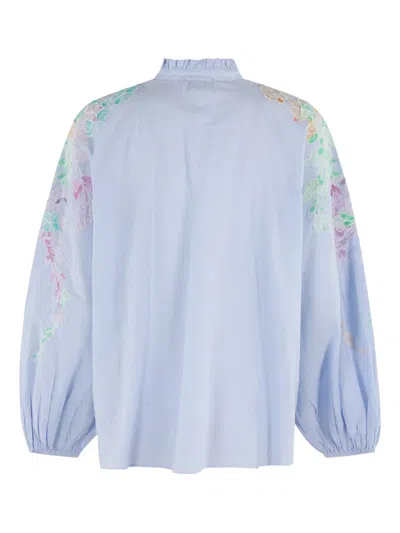 Essentiel Antwerp Appliqued Detail Top With Ruffled High Collar In Blue