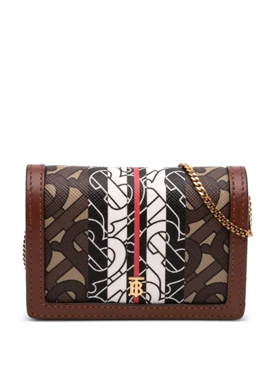 Pre-owned Burberry 2018-2023 Monogram Stripe E-canvas Jessie Tb Wallet On Chain Crossbody Bag In Brown