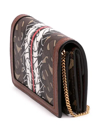 Pre-owned Burberry 2018-2023 Monogram Stripe E-canvas Jessie Tb Wallet On Chain Crossbody Bag In Brown