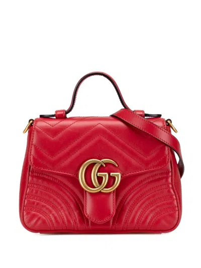 Pre-owned Gucci 2016-2025 Mini Gg Marmont Matelasse Leather Top Handle Bag Satchel In Red