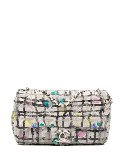 Pre-owned Chanel 2014 Mini Rectangular Calfskin Hand Painted Graffiti Flap Crossbody Bag In White
