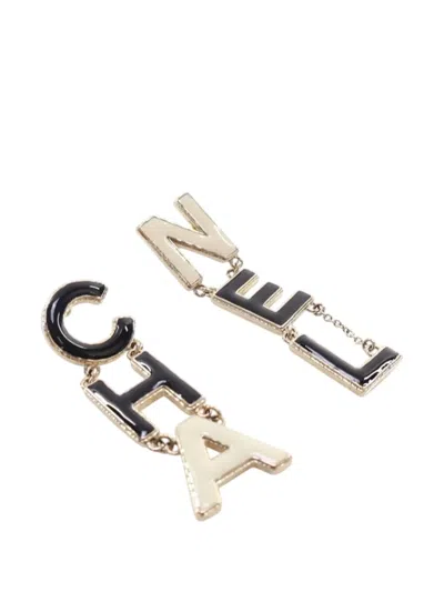 Pre-owned Chanel 2022 Gold Plated And Enamel Cha-nel Logo Drop Push Back Earrings Costume Earrings In Black