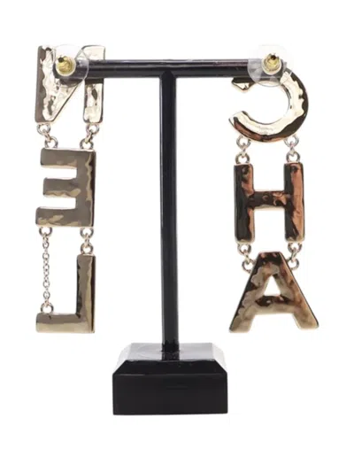 Pre-owned Chanel 2022 Gold Plated And Enamel Cha-nel Logo Drop Push Back Earrings Costume Earrings In Black