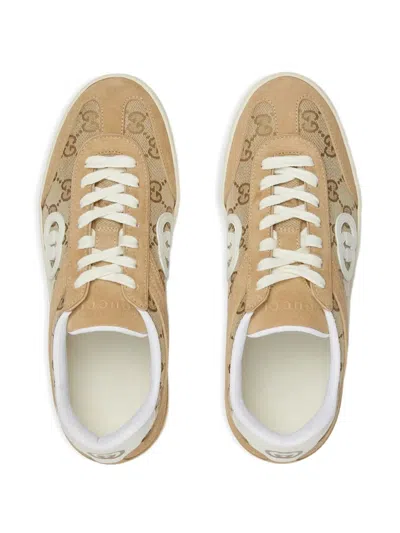 Gucci Beige G75 Sneaker In Suede And Gg Fabric Women In Brown