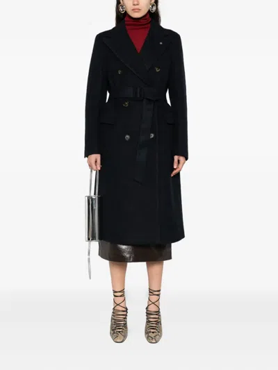 Manuel Ritz Belted Double-breasted Coat In Blue