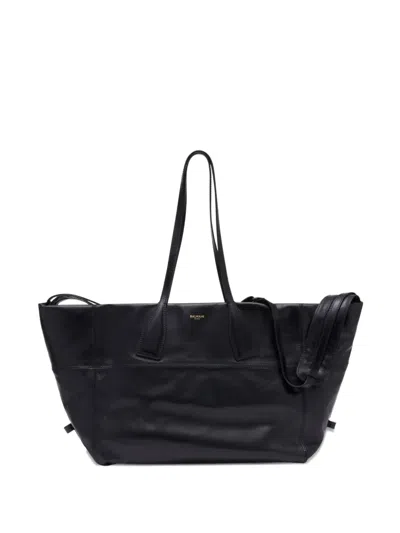 Balmain Black Leather Shopper Bag With Shoulder Strap In Black