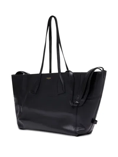 Balmain Black Leather Shopper Bag With Shoulder Strap In Black