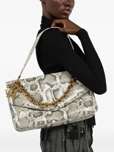 Roberto Cavalli Rock Python Print Chain Shoulder Bag In Gray