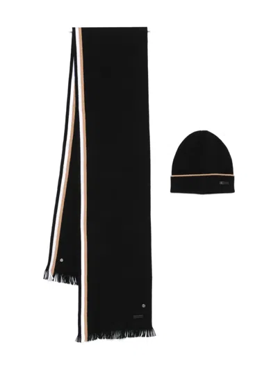 Hugo Boss Mens Black Branded Knitted Beanie Hat And Scarf Set In Black