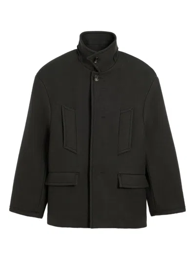Ami Alexandre Mattiussi Structured Grey Coat With High Collar And Button Closure In Black