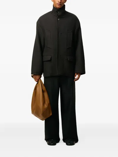 Ami Alexandre Mattiussi Structured Grey Coat With High Collar And Button Closure In Black