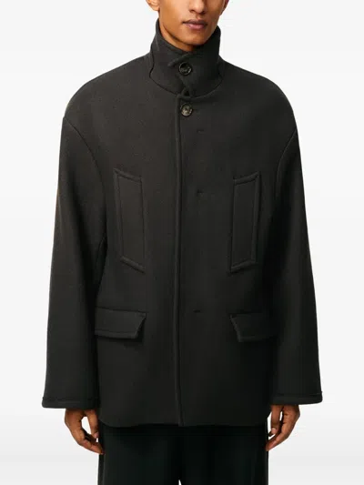 Ami Alexandre Mattiussi Structured Grey Coat With High Collar And Button Closure In Black