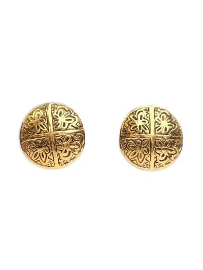 Pre-owned Chanel 20th Century Gold Plated Camellia Cross Dome Clip On Earrings Costume Earrings