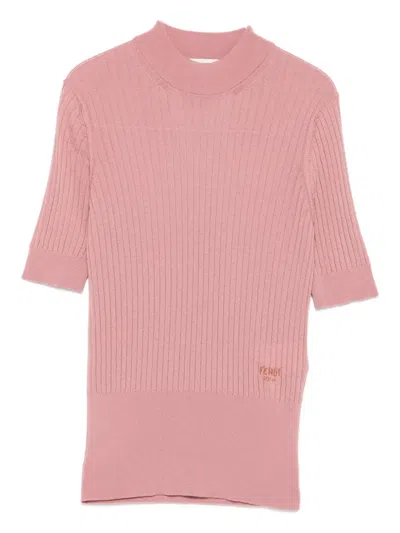 Fendi Knit Pullover With Crew Neck And Ribbed Texture In Pink