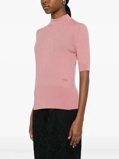 Fendi Knit Pullover With Crew Neck And Ribbed Texture In Pink