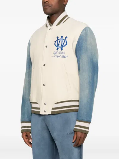 Off-white Ivory Bomber Jacket With Denim Sleeves In Blue