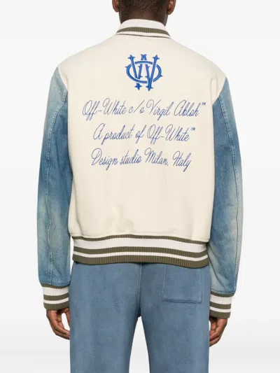 Off-white Ivory Bomber Jacket With Denim Sleeves In Blue