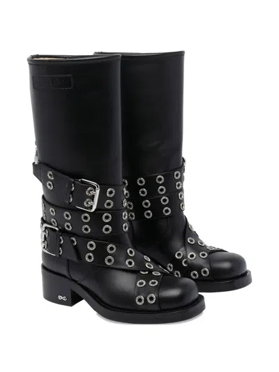 Mach&mach Vintage Leather Combat Ankle Boots With Buckles In Black