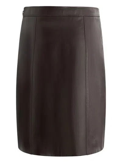 Bally High Waist Leather Midi Skirt With Buttons In Brown