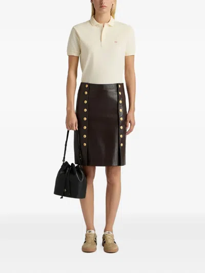 Bally High Waist Leather Midi Skirt With Buttons In Brown