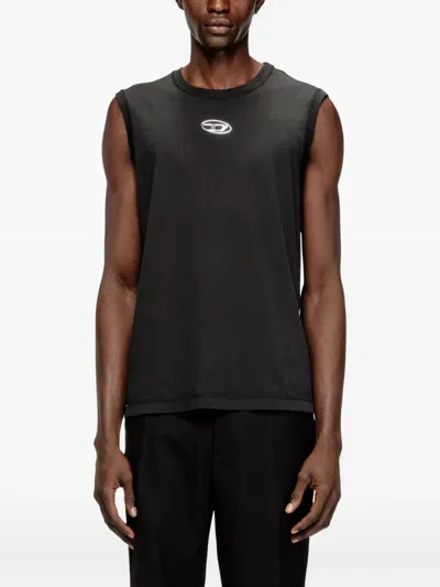 Diesel T-bisco-iod Black Sleeveless Top With Logo Detail On The Front In Cotton Man In Metallic