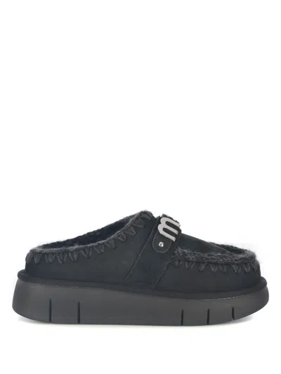Mou Bounce Black Mules With Logo Lettering And Open Rear In Suede Woman In Black