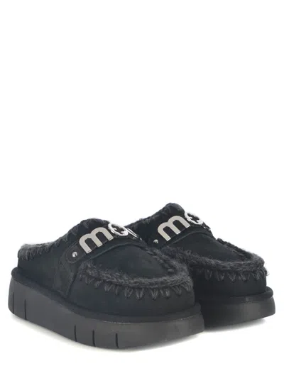 Mou Bounce Black Mules With Logo Lettering And Open Rear In Suede Woman In Black