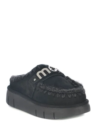 Mou Bounce Black Mules With Logo Lettering And Open Rear In Suede Woman In Black