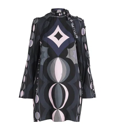 Pucci Geometric Pattern Long Sleeve High Neck Dress In Black