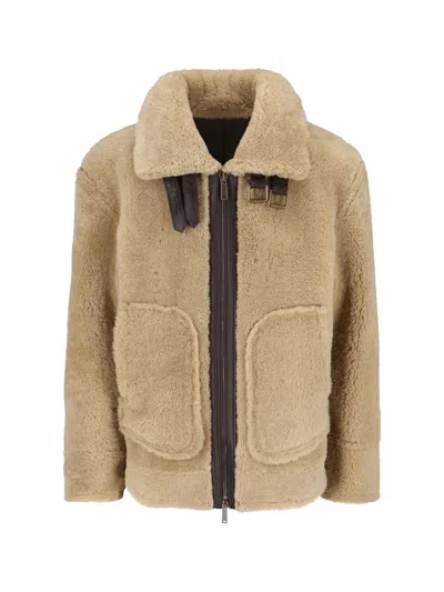 Dsquared2 Beige Shearling Jacket With High Collar In Brown
