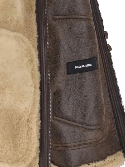 Dsquared2 Beige Shearling Jacket With High Collar In Brown