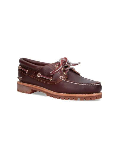 Timberland Eyelet Leather Boat Rubber Stitch Detailing In Brown