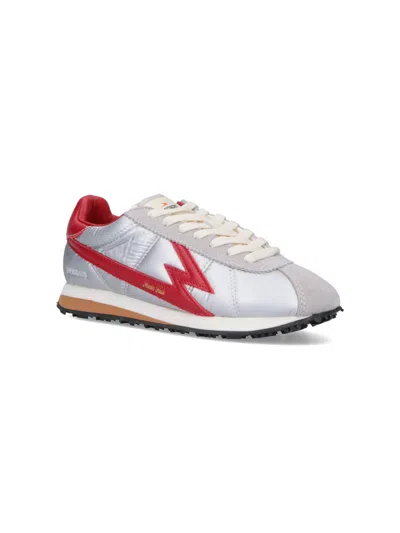 Moa Master Of Arts Shiny Silver Sneakers With Bold Red Lightning Detailing In Silver