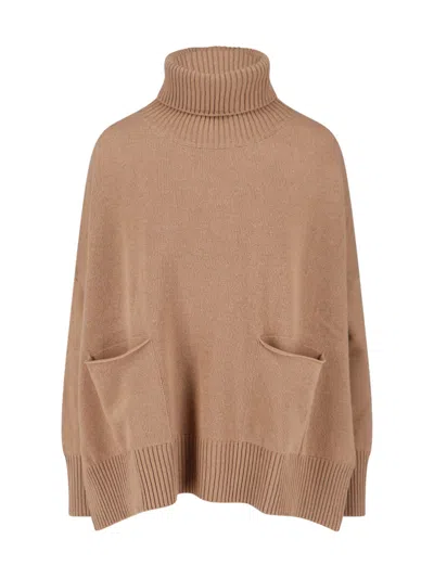 Ma'ry'ya High Turtleneck Knit Sweater With Side Slits In Nude