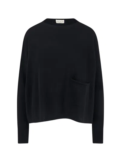 Ma'ry'ya Black Knit Sweater With Round Neckline And Ribbed Finishes In Blue