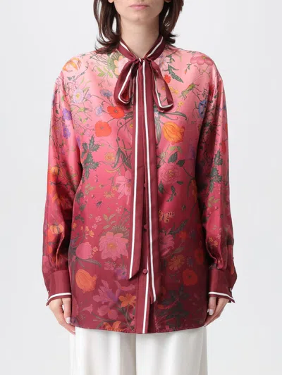 Gucci Bordeaux Shirt With Collar With Bow And All-over Flora Print In Silk Woman In Multi