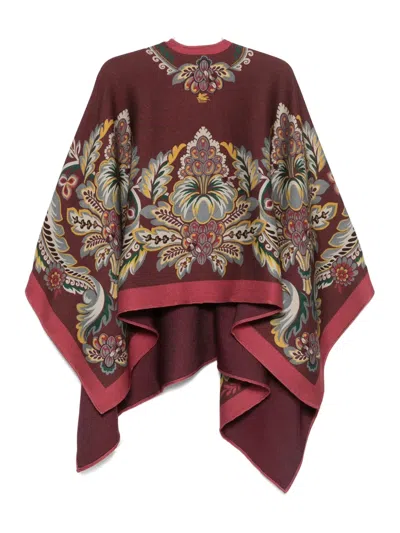 Etro Jackets Floral-printed V-neck Poncho In Red