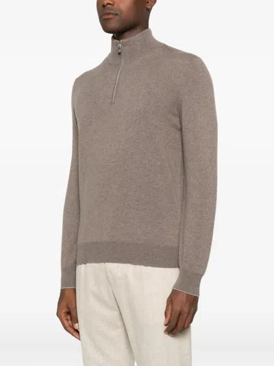 Brunello Cucinelli Cashmere Sweater With Half Zip In Brown