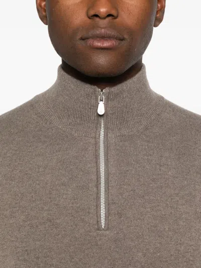 Brunello Cucinelli Cashmere Sweater With Half Zip In Brown