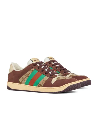 Gucci Leather And Gg Sneakers With Side Stripes In Brown
