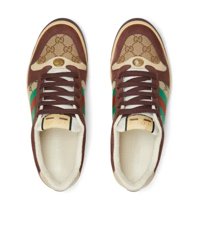Gucci Leather And Gg Sneakers With Side Stripes In Brown