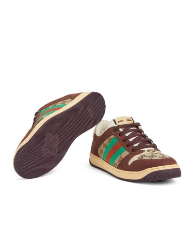 Gucci Leather And Gg Sneakers With Side Stripes In Brown