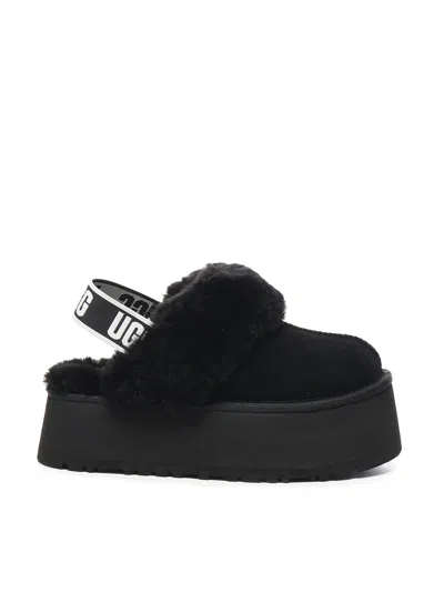 Ugg Black Leather Clog With Faux Fur And Elastic Back  In Black