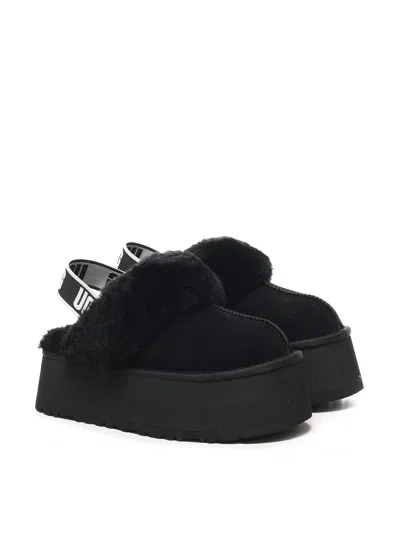 Ugg Black Leather Clog With Faux Fur And Elastic Back  In Black
