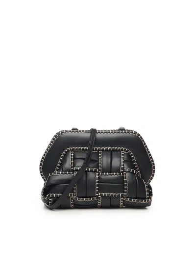 Themoirè Structured Woven Clutch With Beige Stitching In Black