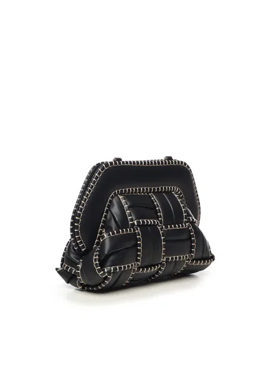 Themoirè Structured Woven Clutch With Beige Stitching In Black