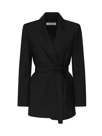 Max Mara Waist Belted Flap Pockets Notched Lapels In Black