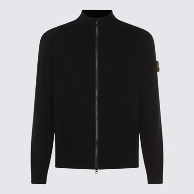 Stone Island Full-zip High-neck Wool Cardigan In Black