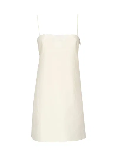 Miu Miu Short Dress In Flamed Canvas With Embroidery In White