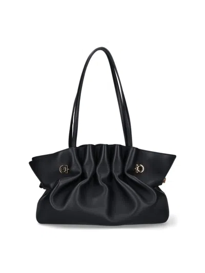 Ferragamo Black Crossbody Bag With Embossed Logo Lettering On The Front And Gancini In Leather Woman In Black